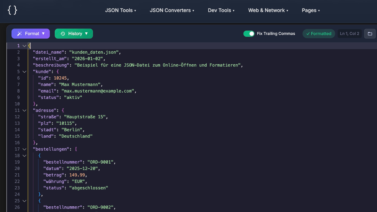JSON Datei online öffnen und formatieren im JSON Editor